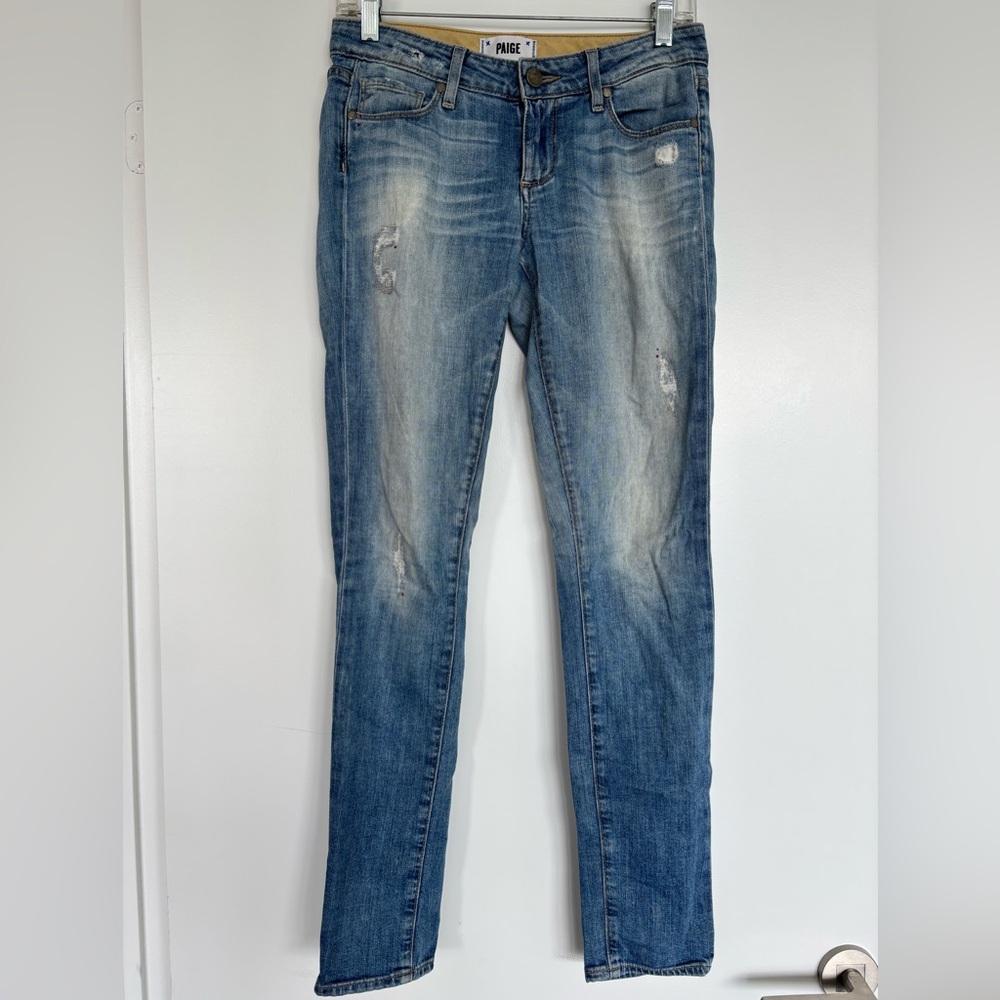 Paige 14” Waist Distressed Denim with Red Accents, Light Blue, Size 25.